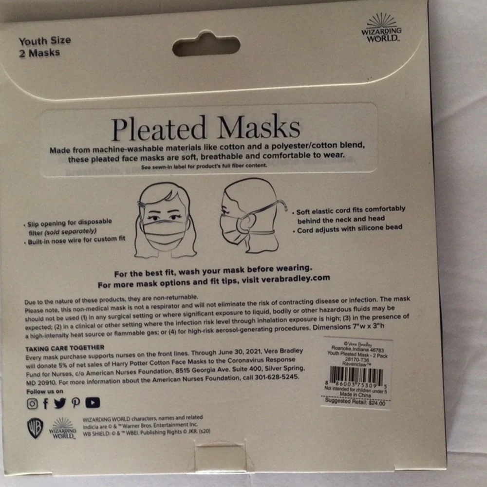 4 Vera Bradley Harry Potter pleated adjustable kids’ masks Ravensclaw Pattern